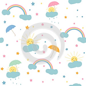 Sun rainbow clouds umbrella stars, seamless background,  vector illustration, cartoon pattern