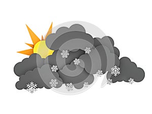 Sun and Rainclouds with Snowflakes on white background. 3d illustration