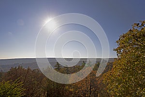 The sun and ray in autumn with landscape of mountain foe background and inspiration