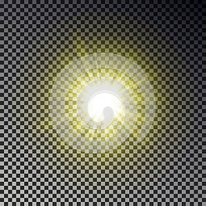 Sun ray light isolated on checkered background. Transparent glow yellow sunlight sky effect. Realist