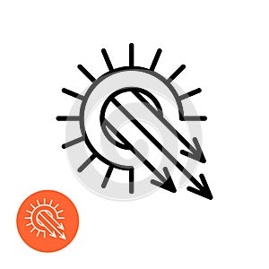 Sun rays blast icon. Solar pressure symbol. Sunstroke sign. Sun with downward arrows outline icon.