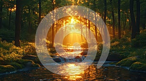 Sun Rays Breaking Through Forest Canopy Over Stream photo