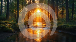 Sun Rays Breaking Through Forest Canopy Over Stream photo