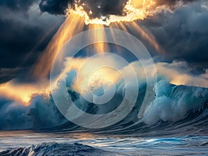 Sun Rays Breaking Through Storm Clouds Over Ocean Waves