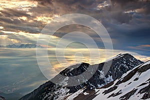 Sun rays and clouds over Karavanke and Sava valley Slovenia