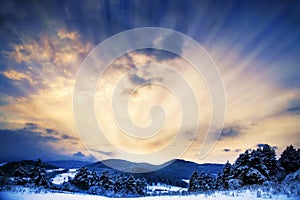 Sun Rays with Dramatic Sky.Winter Landscape