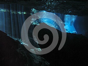 Sun rays entering the water in an underwater cave. photo