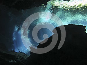 Sun rays entering the water in an underwater cave. photo