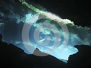 Sun rays entering the water in an underwater cave. photo