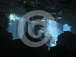 Sun rays entering the water in an underwater cave. photo