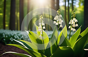 Sun rays fall on a beautiful spring blooming flower. Lily of the valley. Natural nature background with blooming