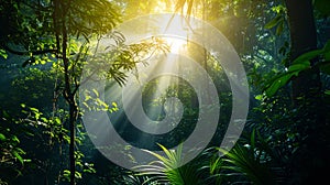 Sun rays falling deep into a thick jungle . Generative Ai