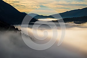 Sun rays falling on mist-clad vegetation and peaks of a mountain range