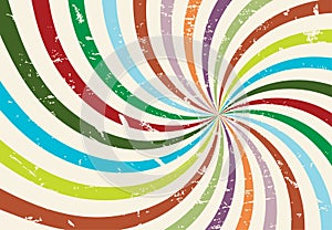 Sun rays with grunge texture. Starburst striped vector spiral lines. Radial and hippy groovy retro background. Vintage sunburst