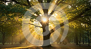 Sun Rays Through Oak Tree in Forest