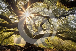 sun rays peeking through oak tree branches
