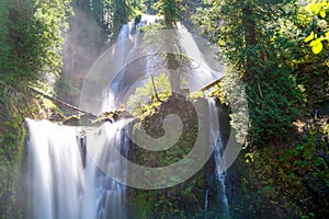 Sun Rays Shine on Tiered Waterfall - Falls Creek Falls, Washington, Pacific Northwest
