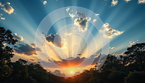 Sun Rays Shining Through Clouds Above Forest at Sunset Scenery