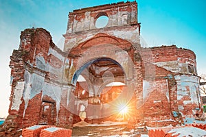 Sun Rays Shining Through Ruined Walls Of Old Ruined Orthodox Church