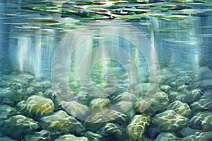 Sun rays and stones underwater watercolor background