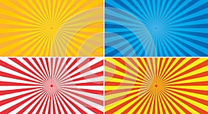 Sun rays vector set. Yellow, red, red and blue abstract background