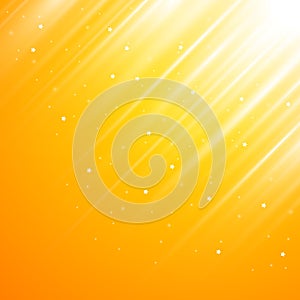 Sun rays on a yellow-orange magic background in the upper right corner. Realistic sunbeams. Fairy abstract summer sunny sky.