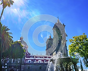 Sun Rays Zocalo Park Plaza Cathedral Puebla Mexico