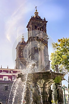 Sun Rays Zocalo Park Plaza Cathedral Puebla Mexico