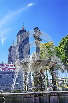 Sun Rays Zocalo Park Plaza Cathedral Puebla Mexico