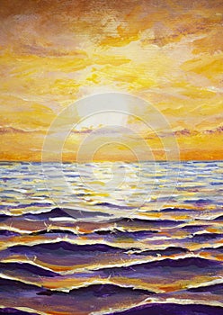Sun reflected in the sea waves. Yellow orange orange purple seascape