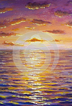 Sun reflected in the sea waves. Yellow orange orange purple seascape