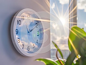 The sun is reflected in the wall clock