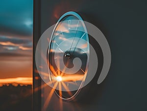 The sun is reflected in the wall clock