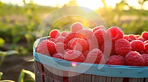 Sun ripened raspberries presented in appealing and abundant baskets