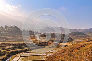 Sun rise over a river valley and rice paddy in Sapa, Vietnam