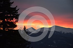 Sun rises in the Carpathians mountings.