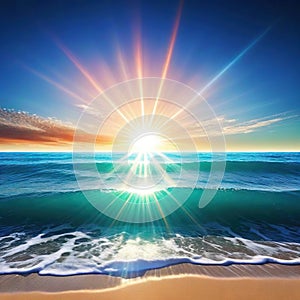 At the sun rises over a dazzlingly blue casting its rays of light across the beach in brilliant