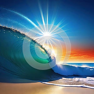 At the sun rises over a dazzlingly blue casting its rays of light across the beach in brilliant