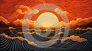 Sgraffito Sunrise: A Textured Tattoo Illustration With Dramatic Skies photo