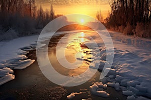 sun rising above a frozen river landscape