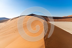 Sun rising over the curves, lines, and shadows of the red sand dunes of Namib Desert, Namibia.