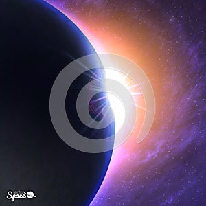 The Sun rising over the Earth. Beautiful dawn from space point of view on cosmic background. Vector illustration for