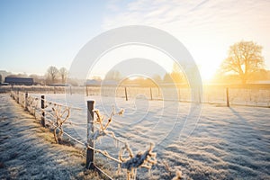 sun rising over a frosty winter vineyard