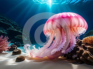 The sun\'s rays dance across the surface of the turquoise sea as the brilliant pink jellyfish gracefully move across it.