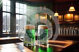 The sun's rays flood two mugs of green ale on a wooden table. Pub interior. Saint Patrick's Day concept, March