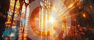 The Sun's Rays Stream Through Stained Glass Windows Of The Cathedral, Blessing The Church With A Heavenly Light