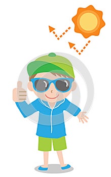 Sun safety tips boy kid illustration. UV protection products,hat,sunglasses,shade,sunscreen,and clothing help protect against the