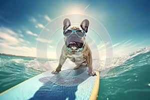 Sun, Sand, and Frenchies: Cute Bulldog Surfs the Ocean in Sunglasses - Generative AI