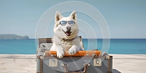 Sun Sand and Siberian Huskie dog Sunglasses and Suitcase on Beach - travel and vacations concept. Generative AI