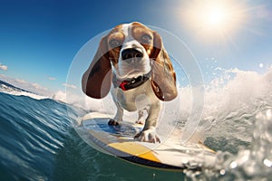 Sun, Sand, and Surfing: Smiling Beagle Dog Enjoys Ocean Adventure - Generative AI